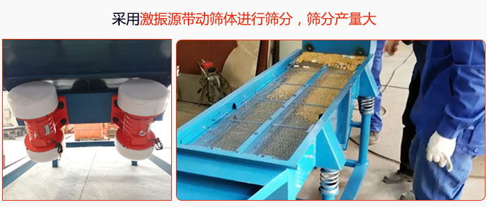 采用激振源带动筛体进行筛分，筛分产量大。