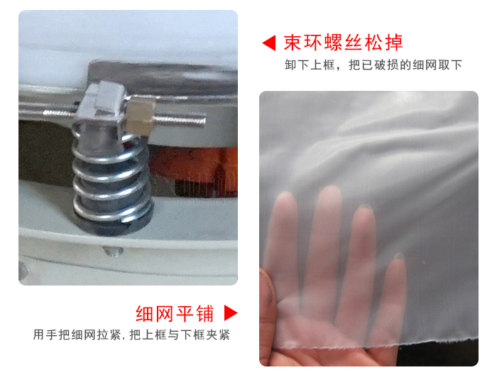 换网步骤：先松开束环，把新的细网平铺在网架上绷紧