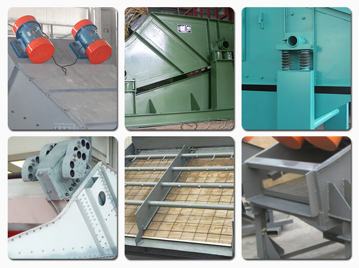 矿用振动筛主要由激振器、筛体、筛网、减振装置及座架等组成。筛箱由筛框、筛板、衬板等组成