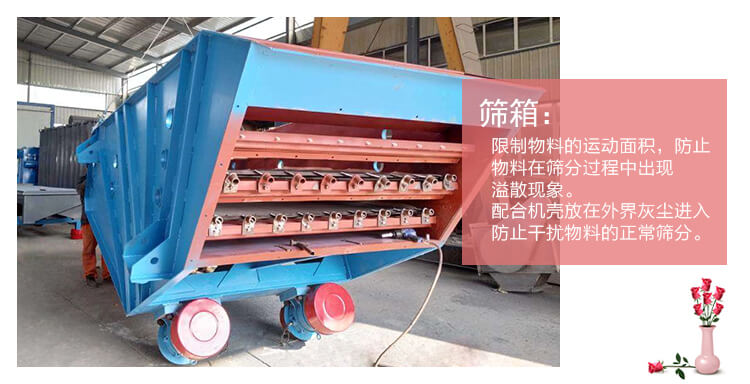 筛箱有钢板电焊而成，侧板与横梁采用优质耐热不锈钢或优质耐热钢制造，主受力板和侧板的连接，侧板和横梁的连接采用环槽铆钉铆接，连接紧固可靠。