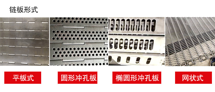 链板输送机链板的不同形式：平板式，圆形冲孔板，网状式等