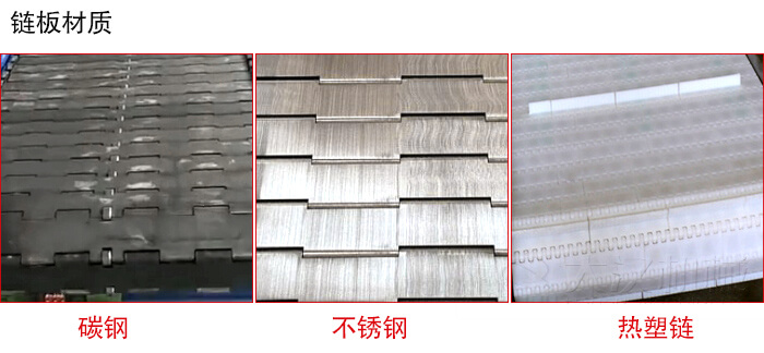 链板输送机链板材质的展示图：碳钢，不锈钢，塑料等