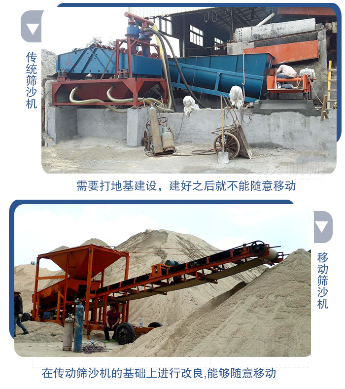 移动的筛沙机在安装前需要打地基，而固定完毕后就不能随意的移动，而移动筛沙机不需要打地并且随时能够进行移动。