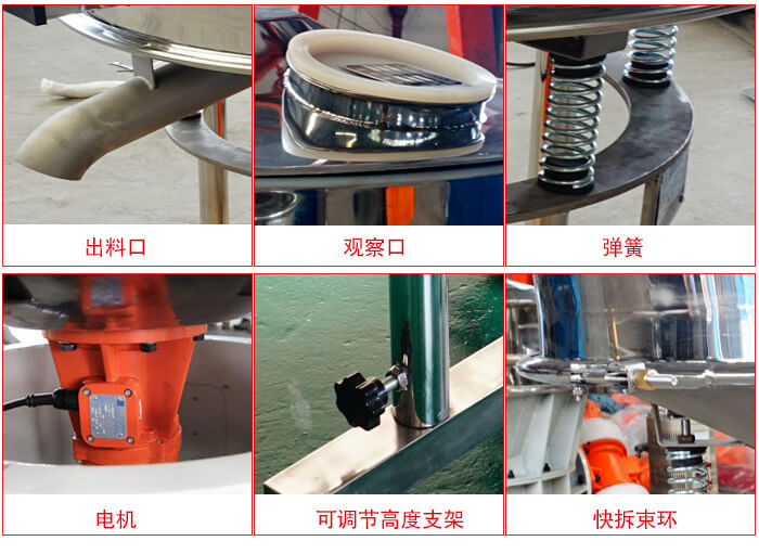 高频筛细节展示：出料口，观察口，弹簧，电机，可调节高度支架，快拆束环。