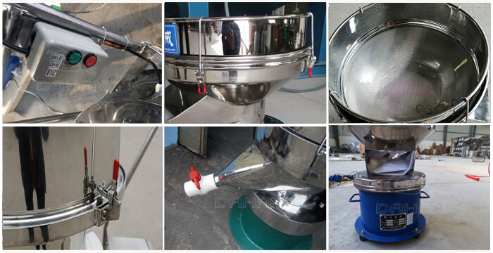 过滤筛细节展示：控制开关，筛框，出料口阀门，底座等