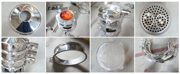 不锈钢振动筛结构展示：防尘盖，出料口，闸门，筛网于弹跳球，底座，振动弹簧等。