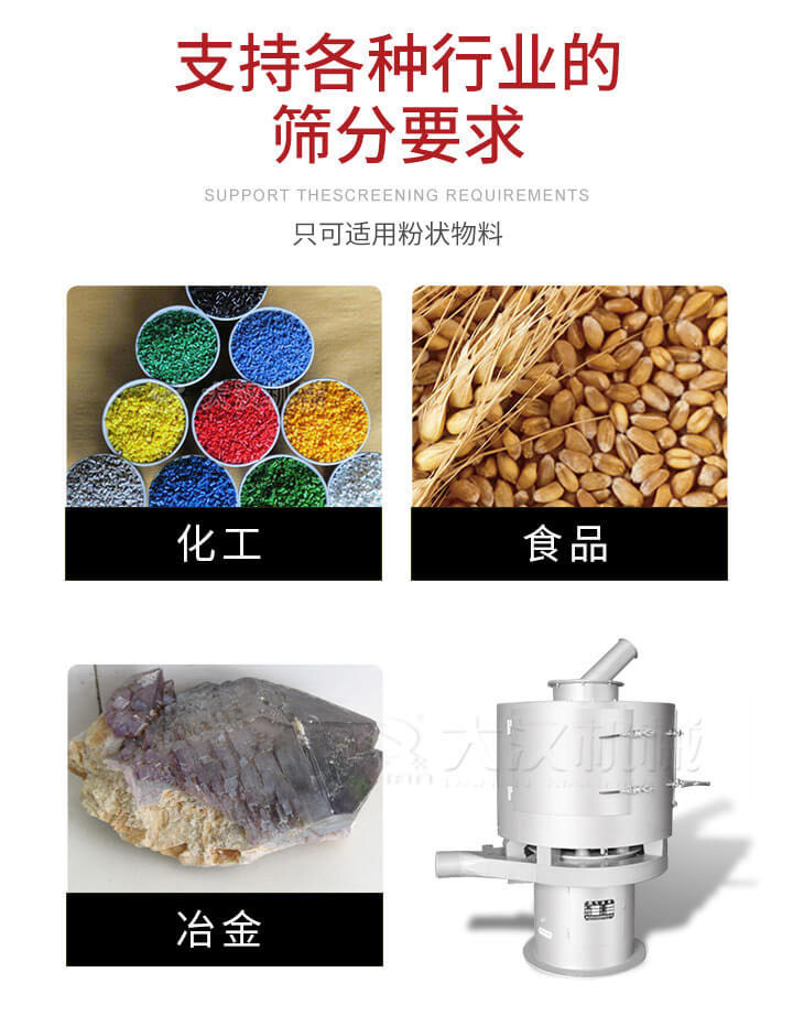 气流筛用于矿粉，石墨粉，活性纳米碳酸钙，铝灰，大豆粉，碳酸重钙，石墨粉，木粉，干草，重金石粉，药粉末，橡胶颗粒，草酸盐，干料粉，木粉，聚酯粉，干粉，塑料，金属粉末，橡胶粉，粉煤灰，石墨粉，陶瓷粉，锌粉，石英粉，石灰粉，铁粉，金属硅粉等。