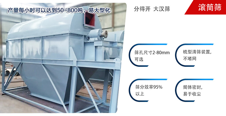滚筒筛分开放式,封闭式两种选择无尘筛分。无轴滚筒：适用生活垃圾等一些有一定缠绕性物料;有轴滚筒：适用石料，砂土等含水量较少的物料