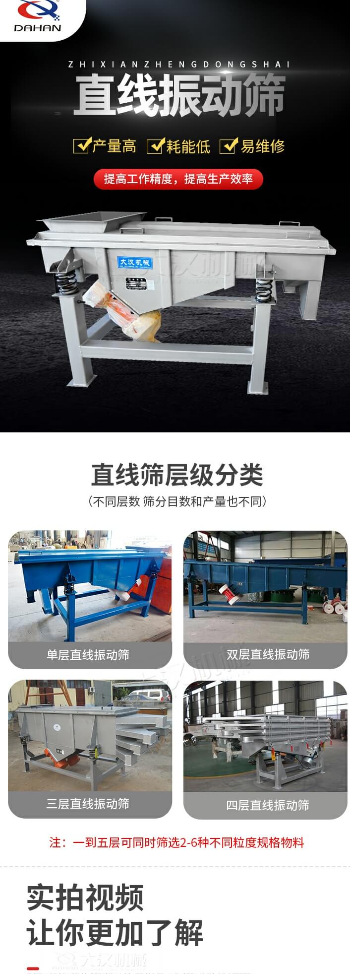 直线振动筛特点：产量高，耗能低，易维修同时能够提高工作精度，提高生产效率等优势。直线振动筛层级分类：单层，双层，三层，四层等不同层数，筛分目数和产量也会有所不同。直线振动筛筛分塑料颗粒试机现。核芰峡帕４尤肓峡诮胫毕哒穸，由双电机带动机体振动，产生的振动频率使大小不一的塑料颗粒被筛网筛分，自动分层排料,筛分效率高